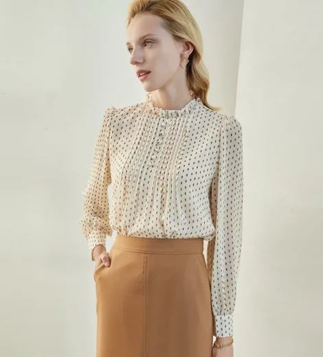 Ladies pleated doted chiffon blouse