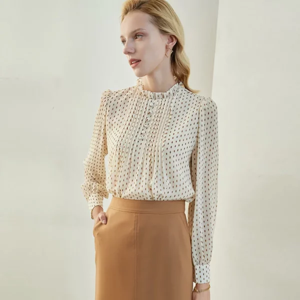 Ladies pleated doted chiffon blouse
