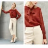 Crape blouse with bowknot tied collar - Image 7