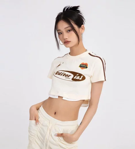 Contrast splice gym cropped T shirt with tapes custom printing