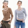 Custom open button round neck cropped top - Image 2