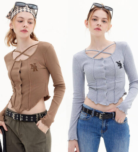 Custom open button round neck cropped top
