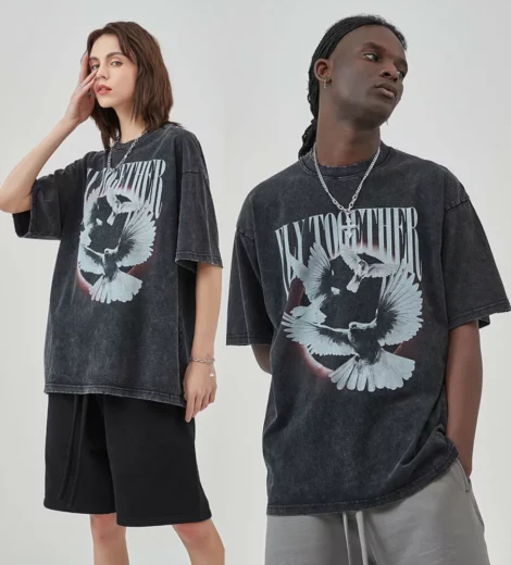 Custom printed unisex T shirt with vintage stone wash distressed