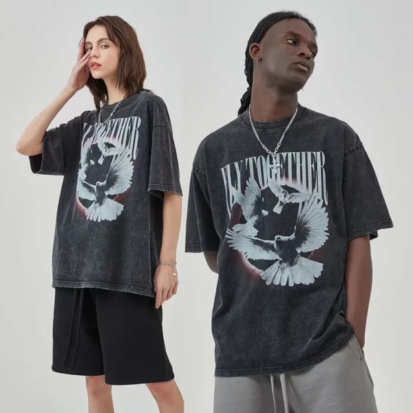 Custom printed unisex T shirt with vintage stone wash distressed