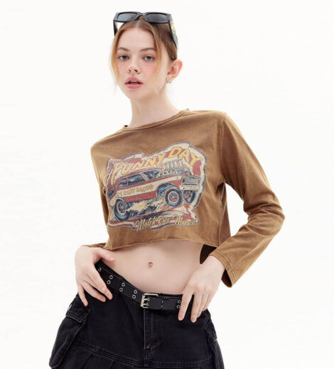 Custom printed vintage stone wash cropped women T shirt