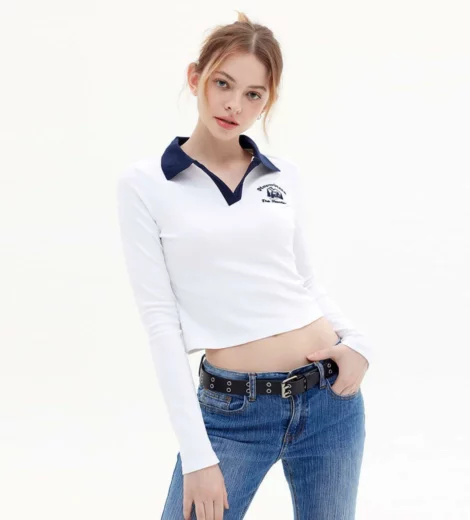 Customized printed cropped top with color contrast collar