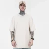 Heavyweight cotton mens drop shoulder flatlock t shirt - Image 2