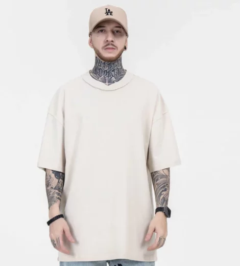 Heavyweight cotton mens drop shoulder flatlock t shirt
