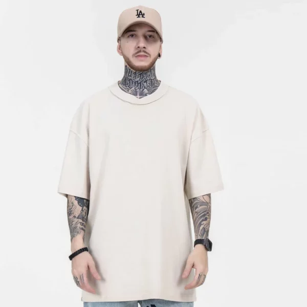 Heavyweight cotton mens drop shoulder flatlock t shirt