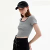 Scoop neck ribbed cropped top womens curved hem t shirt - Image 4