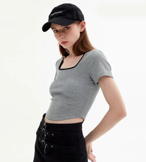 Scoop neck ribbed cropped top womens curved hem t shirt