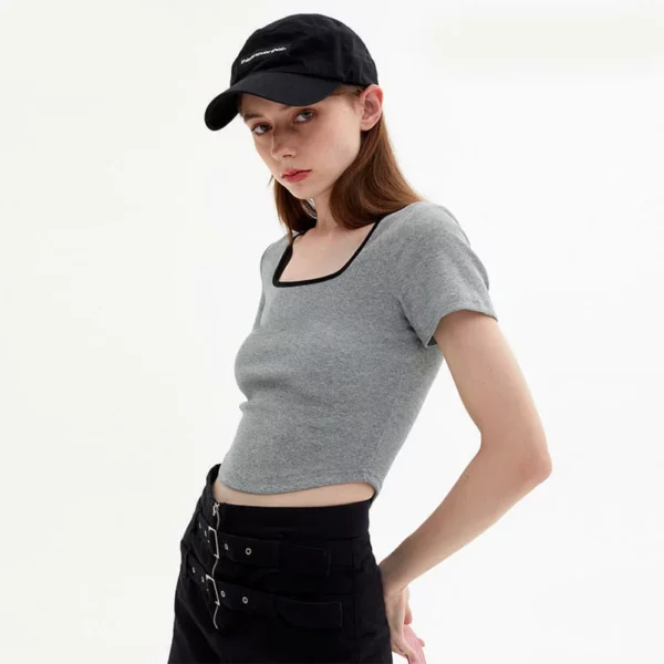 Scoop neck ribbed cropped top womens curved hem t shirt