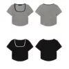 Scoop neck ribbed cropped top womens curved hem t shirt - Image 9