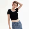 Scoop neck ribbed cropped top womens curved hem t shirt - Image 5