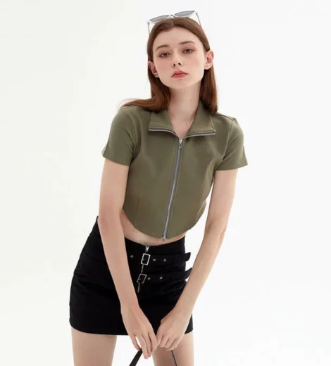 Two way zipper polo neck curved hem slim fit womens t shirt