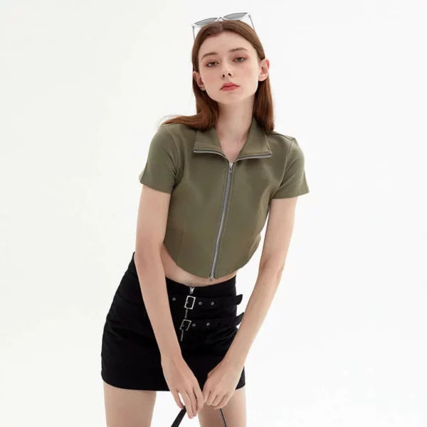 Two way zipper polo neck curved hem slim fit womens t shirt