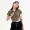 Two way zipper polo neck curved hem slim fit womens t shirt - Image 3