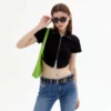 Two way zipper polo neck curved hem slim fit womens t shirt - Image 6