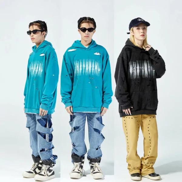 Oversized fit long sleeve destroyed fleece unisex hoodie
