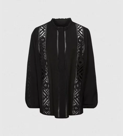 Balloon sleeve lace chiffon blouse with pleated collar