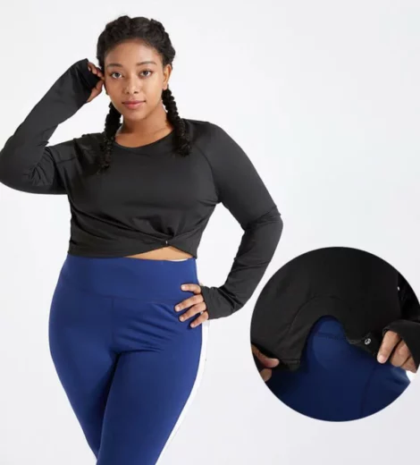 Cropped long sleeve button fitness & yoga wear woman’s top