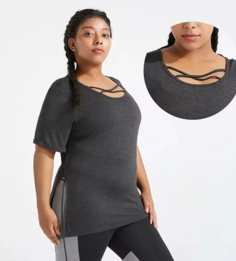 Plus size activewear chest across t-shirt woman