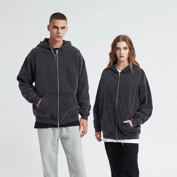 Two-way zipper vintage stone wash distressed unisex hoodie