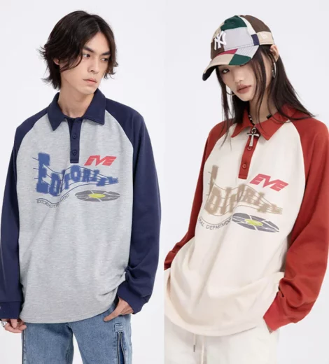 Unisex loose color contrast raglan long sleeves custom printing polo shirt