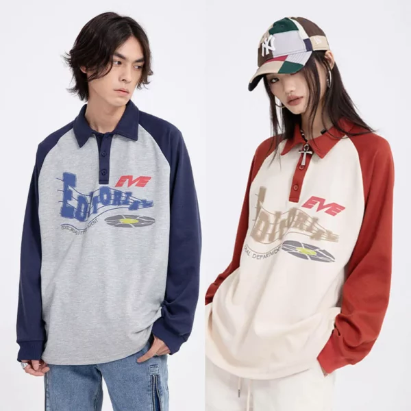 Unisex loose color contrast raglan long sleeves custom printing polo shirt