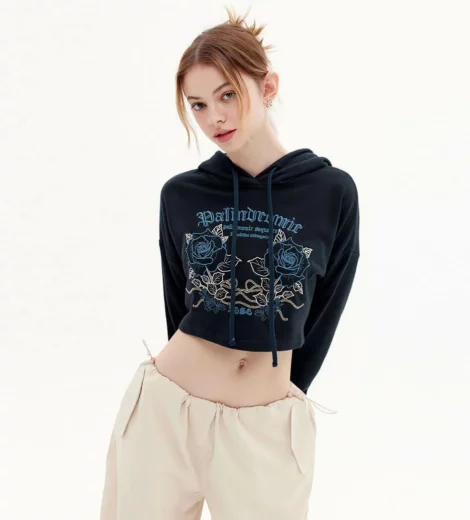 Women long sleeve embroidery cropped hoodie