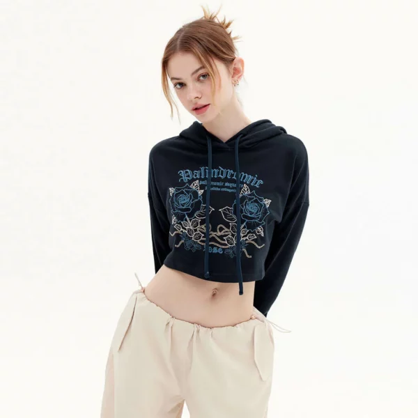 Women long sleeve embroidery cropped hoodie