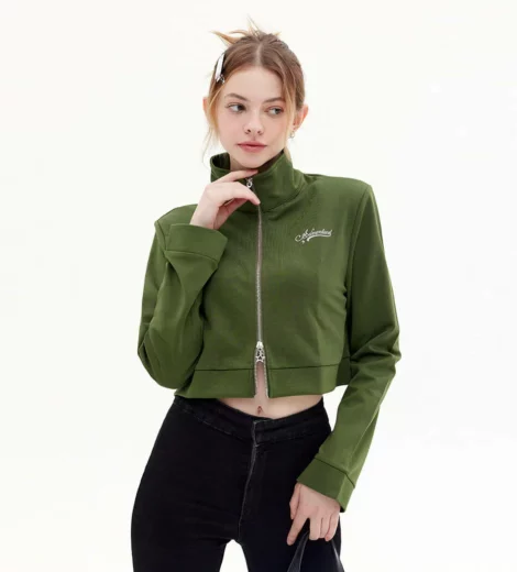 Women’s two-way zipper stand collar cropped jacket