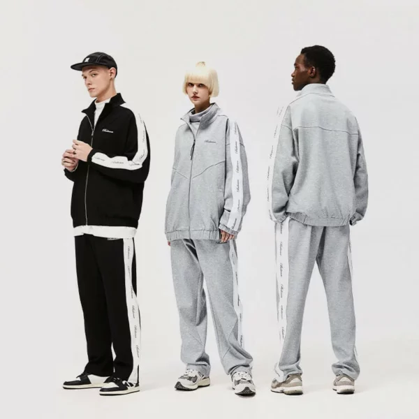 Customized zipper up tracksuit set with side tapes