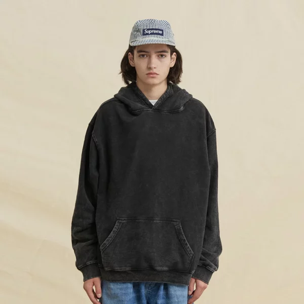 Acid washing drop shoulder black hoodie