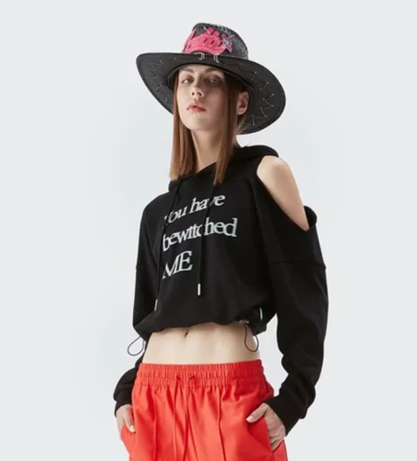 Crop top sweatshirt with elastic waist and off-shoulder