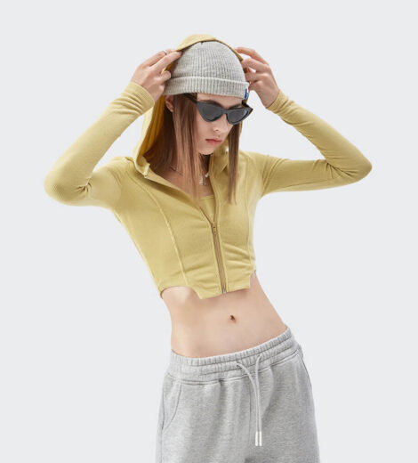 Womens ribbing zip up cropped hoodie bulk sale