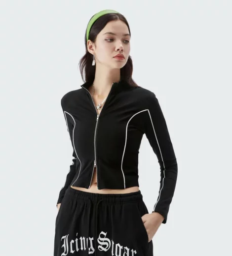 Long sleeve zip-up tight fit cropped top with trims