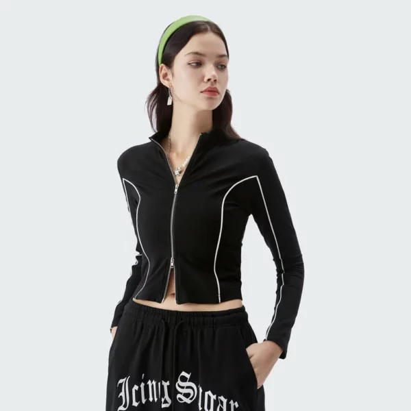 Long sleeve zip-up tight fit cropped top with trims