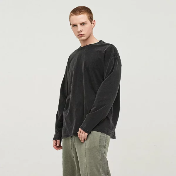 custom design man stone washed crew neck long sleeve t-shirt