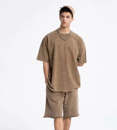 Mens heavyweight acid wash t shirt with shorts summer twin set
