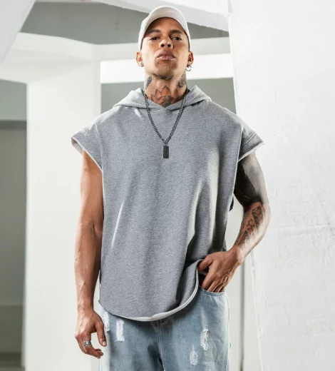 French terry cap sleeve pullover with hood