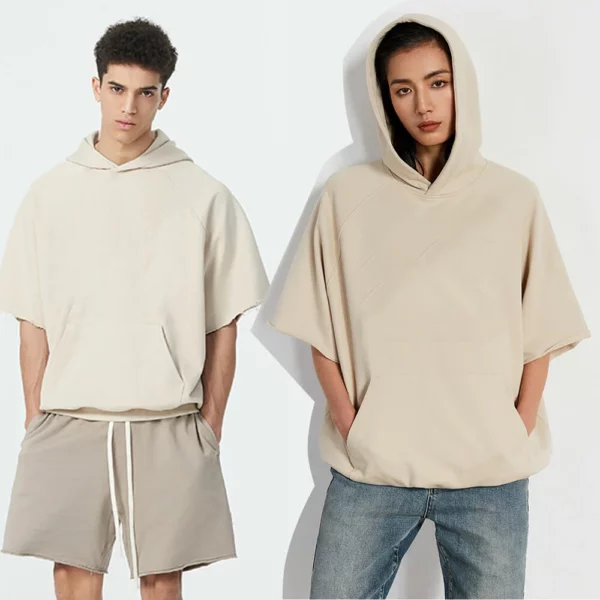 unisex oversized raw edge short sleeve hoodie