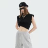 OEM factory women cut off t-shirt with shoulder pads - Image 6