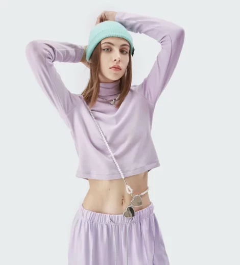 high neck long sleeve crop top t shirt wholesale